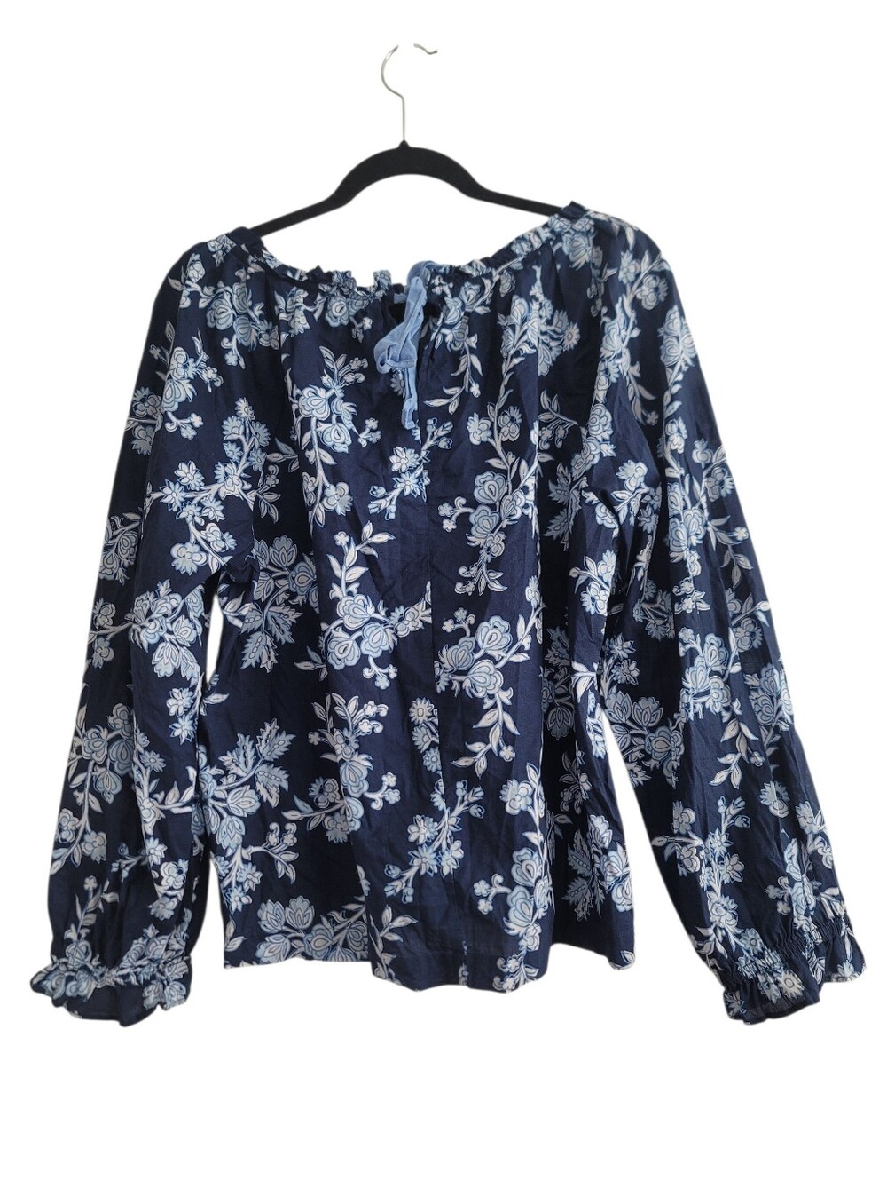 J. Crew XL Navy Blue Floral Peasant Blouse Long Sleeve Shirt 100% Cotton BP805 - Picture 4 of 10
